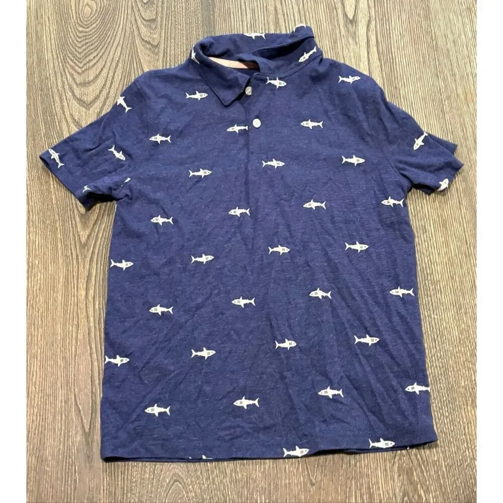 Cat & Jack Boys Polo Shirt Shark Print Short Sleeve Collared Navy Blue Size L